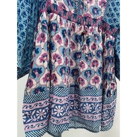 Oliphant Mini Dress Long Balloon Sleeves Tie Front Floral Fern Blue Small NWT - Picture 3 of 12